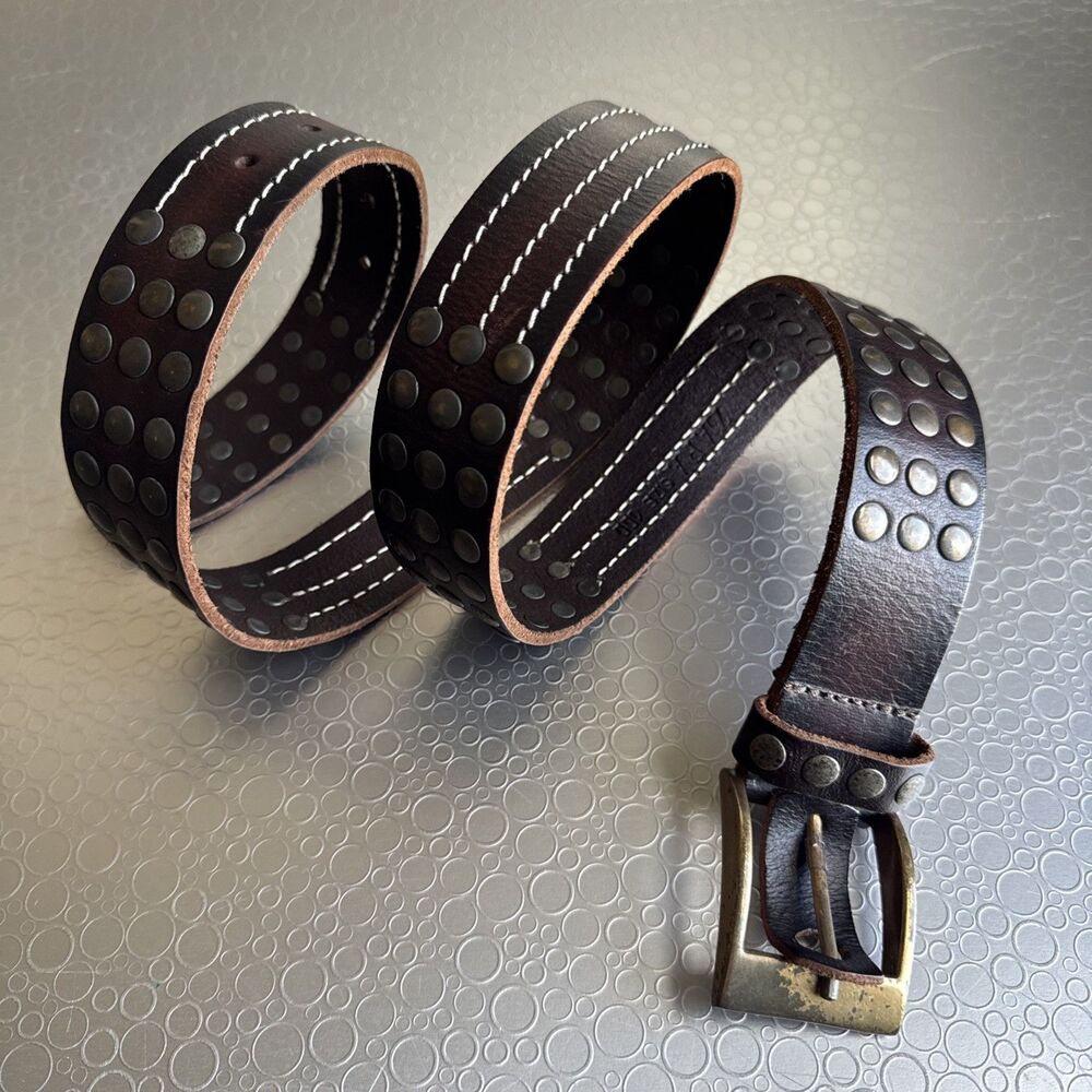 Zara Brown Leather Studded Belt Dome Hardware Studs Rocker Grunge Size 100 XL 40
